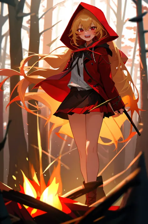 1 girl, little girl, red eyes, sharp teeth, blushing, blond hair, long hair, short skirt, red hood, red coat, (looking aside), dark forest, 1 campfire, depth of field, backlighting, high details, highres, 8k