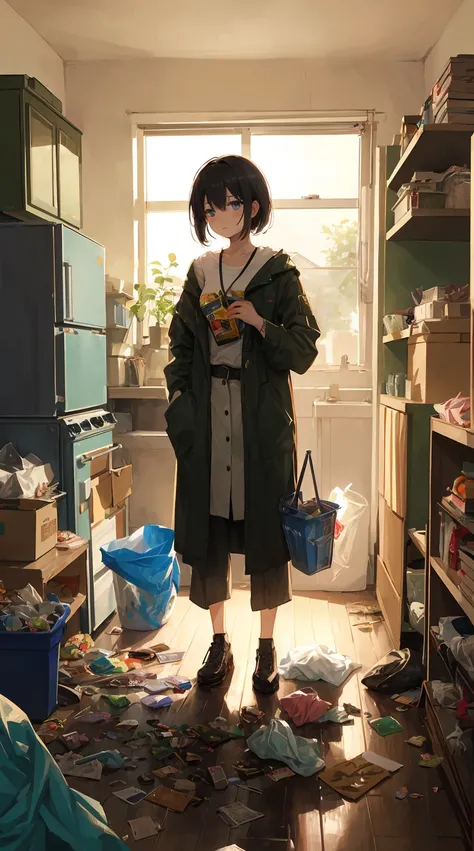 This illustration is、Pretty girl standing in a room filled with garbage、It depicts a moment when you are furious about the situation。She、Holding cleaning tools in hand、Its eyes are burning with anger。Among them、Old magazines、leftover food、Filled with unuse...