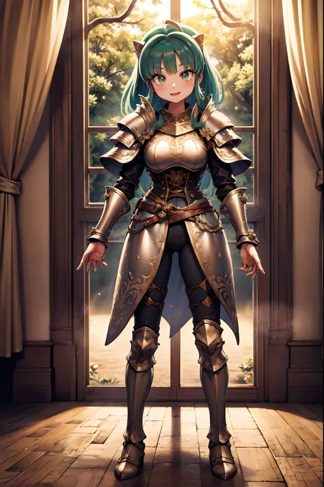 masterpiece, best quality,medieval armor, corset, breastplate,lum, , urusei yatsura, cloak, pants, pullover, kimono,martial pov,, pantyhose, sharpteeth, standing,smile, matial art,, full body, boots , pant, medium breast, pants, pullover,martial pov,god ra...