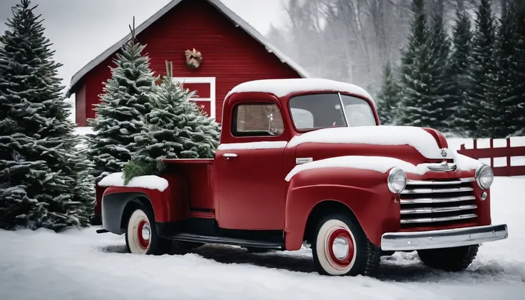 A vintage-inspired Christmas scene with a classic red truck carrying a freshly cut tree, parked in front of a charming country barn, surrounded by snow-dusted evergreens