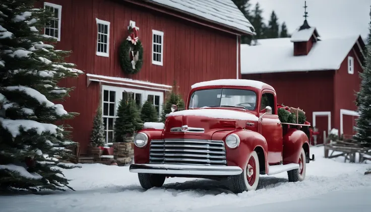 A vintage-inspired Christmas scene with a classic red truck carrying a freshly cut tree, parked in front of a charming country barn, surrounded by snow-dusted evergreens