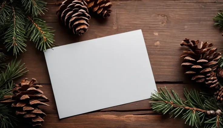 A blank white Christmas card mockup on a rustic wooden background with pinecones and holly branches scattered around.