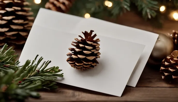 A blank white Christmas card mockup on a rustic wooden background with pinecones and holly branches scattered around.