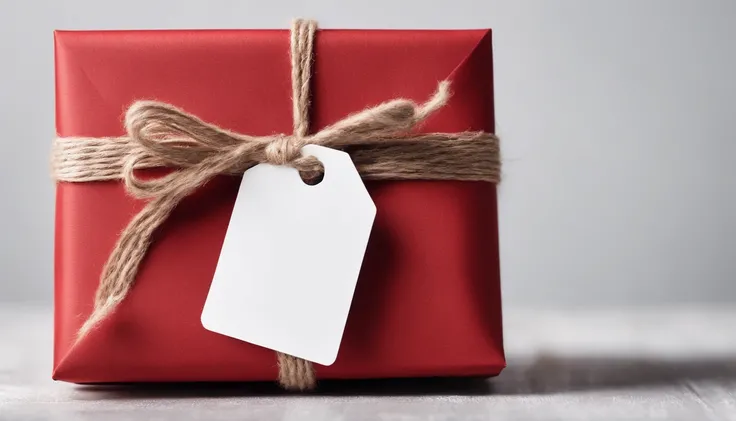 A blank red gift tag mockup tied with a twine bow on a textured white background, perfect for showcasing custom designs or personalized messages.