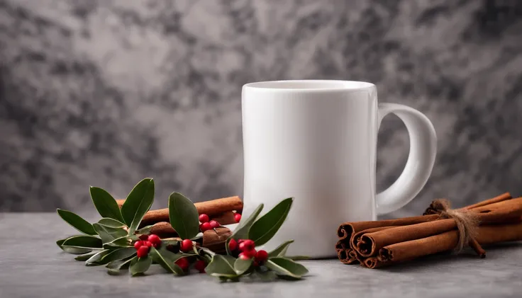 A blank white mug mockup on a marble countertop with a sprig of mistletoe and cinnamon sticks nearby, adding a festive touch.