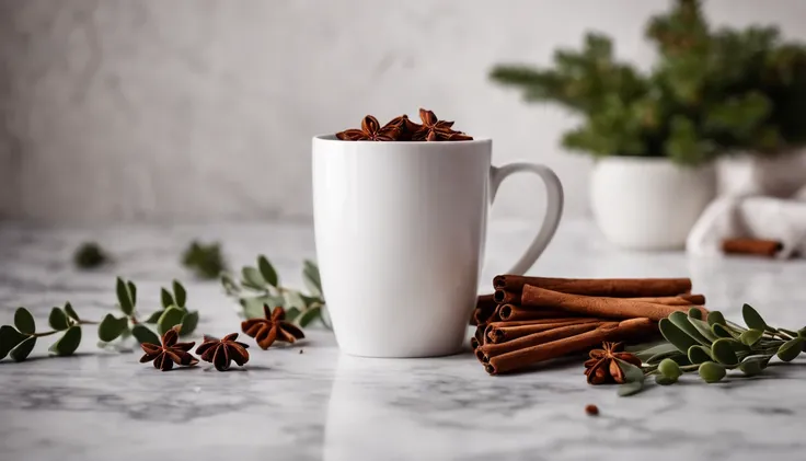 A blank white mug mockup on a marble countertop with a sprig of mistletoe and cinnamon sticks nearby, adding a festive touch.