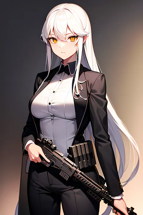 long  white hair，single horsetail，in black suit，lady lady，big breasts beautiful，eye shadows，one-handed rifle，smallunderboob，he w...