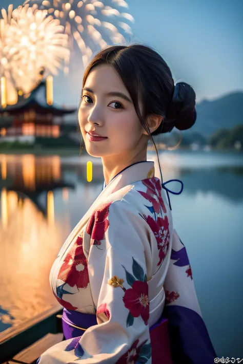 (top-quality,8K,​masterpiece),Girl in kimono in front of a lake with fireworks, Extraordinary beauty,Very beautiful Japan models,Bewitching look, Colossal tits,palatial palace ， Beautuful Women,Colossal tits,