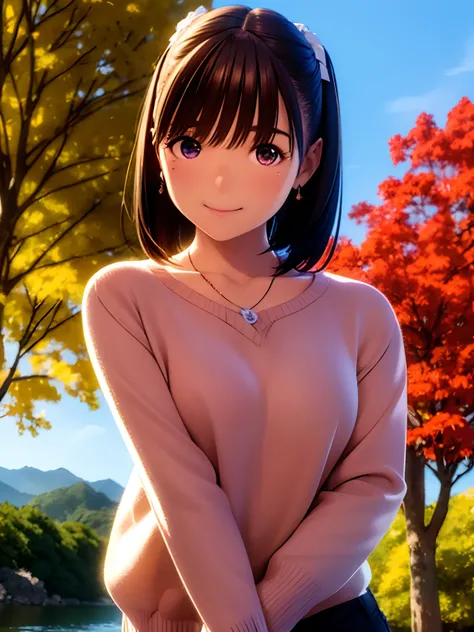 hight resolution,8K,Best Quality,detaileds,semi - realistic anime,Anime 3D Style,Smooth Anime CG,1 girl in,20 year old woman in Japan,slim,modeled,shiny chestnut hair,Medium Hair,Detailed face,Beautiful and detailed eyes,Glowing skin,(Sweaters),earring bea...