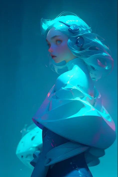 In the midst of her journey, a beautiful synthetic cyborg woman is atop a large fish, swimming through a blue alien ocean, Describe what she sees around her, the feelings she experiences, and the obstacles she encounters on her journey, hyperrealistic, cyb...