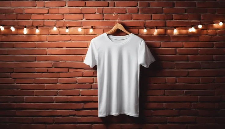 A blank white t-shirt mockup on a red brick wall with a string of fairy lights hanging diagonally across, creating a trendy and festive backdrop.