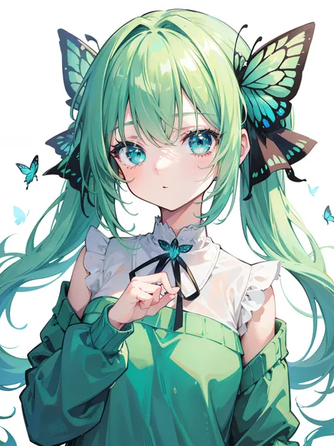 {{best quality}}, {{masterpiece}}, {{ultra-detailed}}, {illustration}, {detailed light}, Light green hair, blue eyes, girl, little girl, butterfly, sweater, long sleeve, green sweater,Twintails,loli,cute,Kawaii