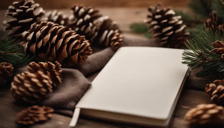 A blank white notebook mockup on a rustic wooden table, surrounded by pine cones, winter foliage, and a cozy knit scarf.