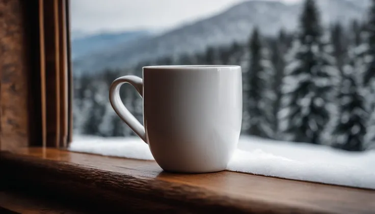 A blank white coffee mug mockup on a frost-covered window sill, with a view of snow-covered trees and mountains in the background.