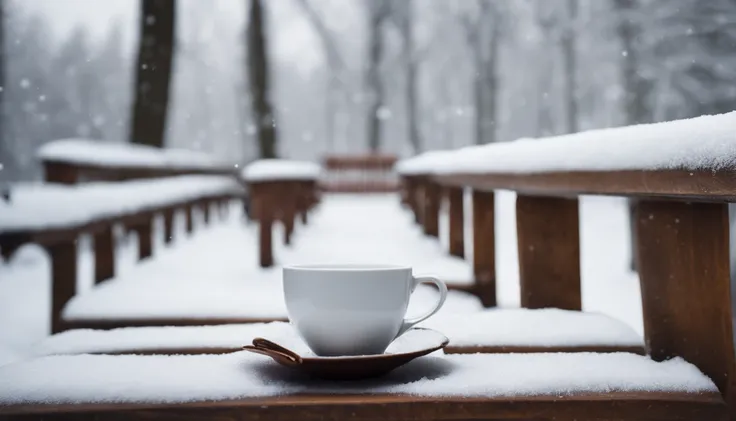 A blank white phone screen mockup on a snowy bench in a serene winter park, with snowflakes gently falling and a cup of hot cocoa nearby.