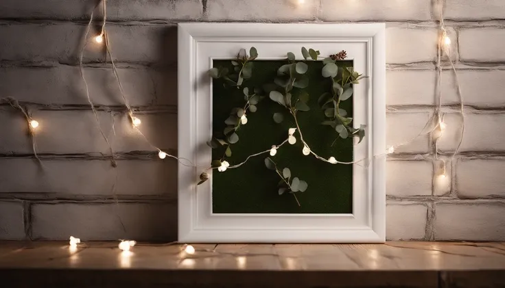 A blank white square frame mockup hanging on a brick wall, adorned with a string of white fairy lights and a sprig of eucalyptus for a minimalist winter look.