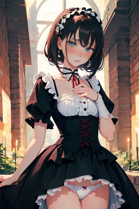 (masutepiece, Best Quality:1.2), 8K, 85 mm, Official art, Raw photo, absurderes, A dark-haired, (Blue eyes, Lolita Fashion, sweetlolita, Gothic, Dress:1.2), Idol face, Upper body, Beautiful Girl, gardeniass, Copenhagen, Short sleeve, Elegance, Sophisticate...