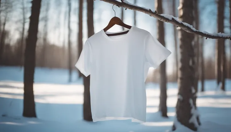 A blank white t-shirt mockup on a wooden hanger, hanging against a backdrop of snow-covered trees and a bright blue winter sky.