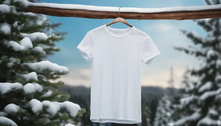 A blank white t-shirt mockup on a wooden hanger, hanging against a backdrop of snow-covered trees and a bright blue winter sky.