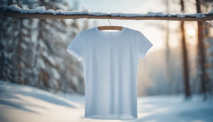 A blank white t-shirt mockup on a wooden hanger, hanging against a backdrop of snow-covered trees and a bright blue winter sky.