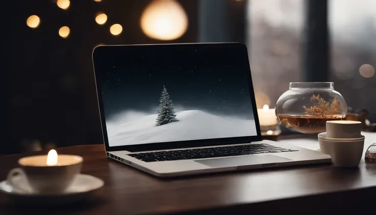 A blank white laptop mockup on a sleek, modern desk, with a cup of steaming tea and a snow globe for a touch of winter charm.