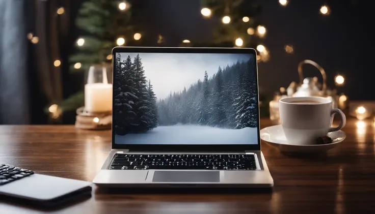 A blank white laptop mockup on a sleek, modern desk, with a cup of steaming tea and a snow globe for a touch of winter charm.