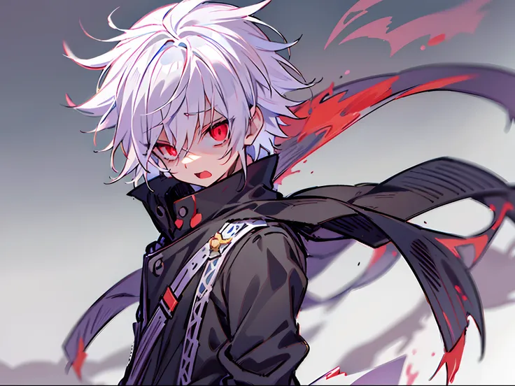 nffsw, Best Quality, masutepiece,Anime boy with white hair and red eyes staring at camera, Highlights in the eyes、slim, dressed in a black outfit,hair messy,wonderment、Surprise、with a pure white background、cute little、Open mouth