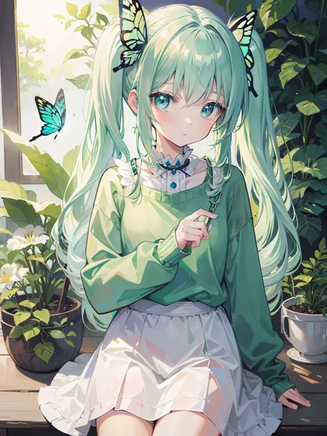 {{best quality}}, {{masterpiece}}, {{ultra-detailed}}, {illustration}, {detailed light}, Light green hair, blue eyes, girl, little girl, butterfly, sweater, long sleeve, green sweater,Twintails,loli,cute,Kawaii