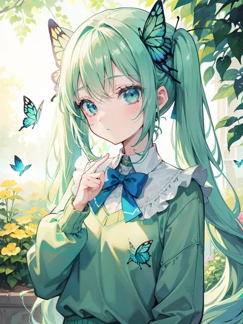 {{best quality}}, {{masterpiece}}, {{ultra-detailed}}, {illustration}, {detailed light}, Light green hair, blue eyes, girl, little girl, butterfly, sweater, long sleeve, green sweater,Twintails,loli,cute,Kawaii