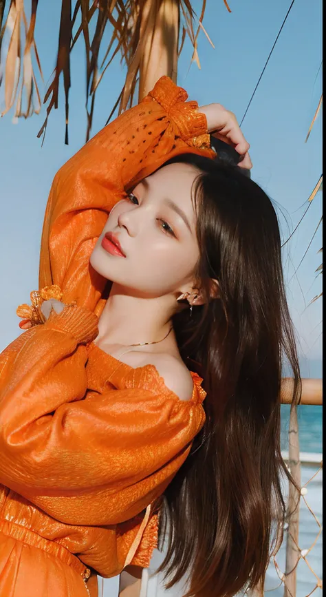 The long-haired woman leaned against the railing，With his eyes closed, bae suzy, On a sunny day, krystal, portrait jisoo blackpink, hot with shining sun, girl wears a red dress, shot at golden hour, Wearing a red cheongsam, Portrait shooting, photoshoot, A...