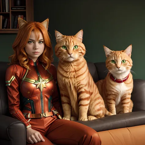 A fluffy orange tabby cat with green eyes and a red collar. The cat  and Captain Marvel are sitting on the same couch and looking at the camera with a curious expression.