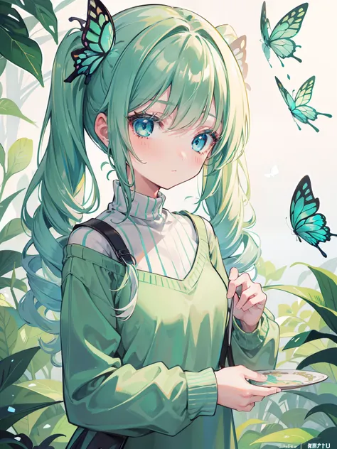 {{best quality}}, {{masterpiece}}, {{ultra-detailed}}, {illustration}, {detailed light}, Light green hair, blue eyes, girl, little girl, butterfly, sweater, long sleeve, green sweater,Twintails,loli,cute,Kawaii