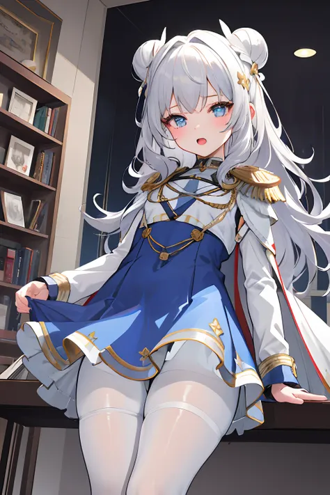 1girl, masterclass, best quality, ultra-detailed, illustration, indoors, small breasts, double bun, blue dress, white pantyhose, LeMalinDefault, epaulettes, pleated dress, coat, gray hair, very young, open mouth, warm smile