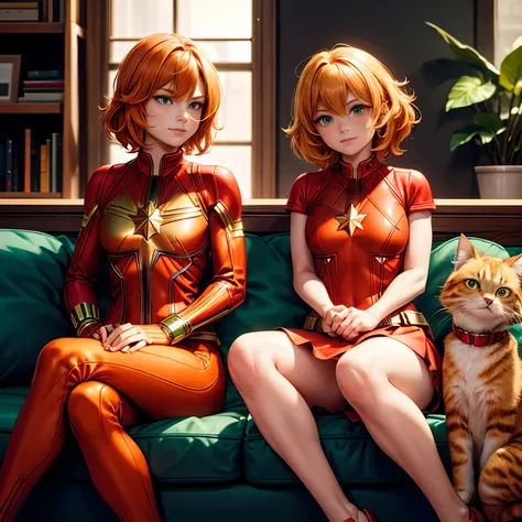 A fluffy orange tabby cat with green eyes and a red collar. The cat  and Captain Marvel are sitting on the same couch and looking at the camera with a curious expression.