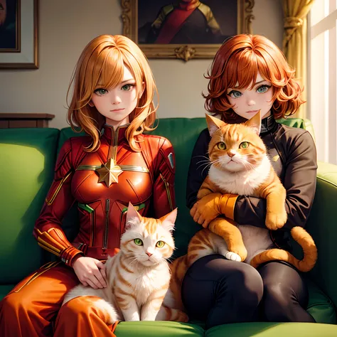 A fluffy orange tabby cat with green eyes and a red collar. The cat  and Captain Marvel are sitting on the same couch and looking at the camera with a curious expression.