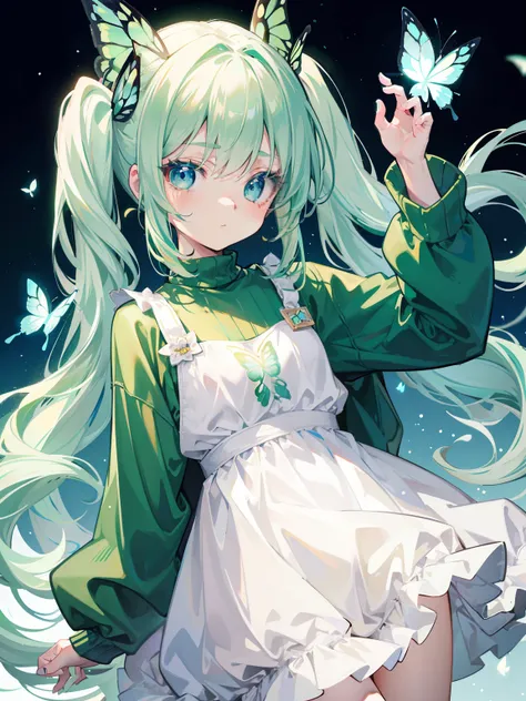 {{best quality}}, {{masterpiece}}, {{ultra-detailed}}, {illustration}, {detailed light}, Light green hair, blue eyes, girl, little girl, butterfly, sweater, long sleeve, green sweater,Twintails,loli,cute,Kawaii