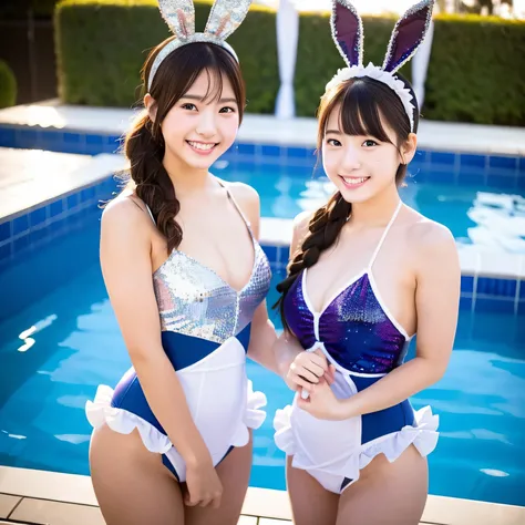 Two beautiful girls standing on the waterside of a night pool　Bunny Headband　２Wearing the same sparkly maid outfit　Competitive swimsuit　A smile