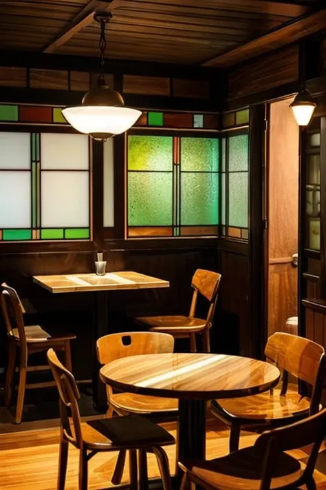 Inside a Showa retro coffee shop、Dimly lit interior、Stained glass style lamp、Wood Polish Countertops、coffee cup、Apple pie and newspaper、Fruit Parfait