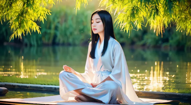 A young Chinese woman with straight black hair, almond shaped eyes and fair skin sits meditating by a lake. She has high cheekbones and an oval face shape. Eyes closed in tranquil repose, she sits in full lotus position wearing a white silk Chinese robe. H...