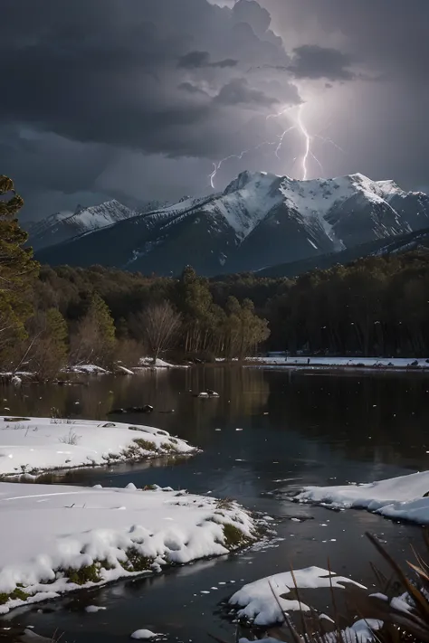 Snowy Mountains, utopian Swamp, Jungle, Water, Small island, realistic, solid ground area in lower part of picture, lightning strike