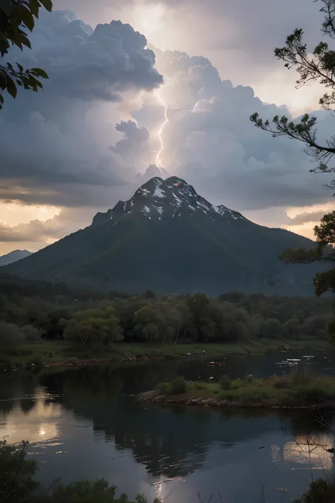 Snowy Mountains, utopian Swamp, Jungle, Water, Small island, realistic, solid ground area in lower part of picture, lightning strike