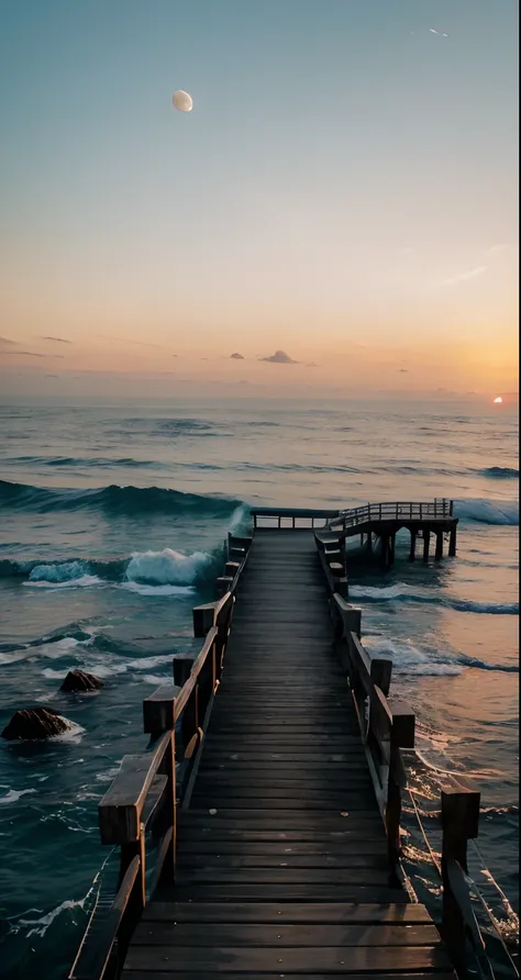 This is an image of a wooden pier that stretches out into the ocean with a beautiful sunset in the background. The pier is made of wooden planks and has a handrail on the left side. The ocean is blue-green in color and the waves gently crash against the pi...