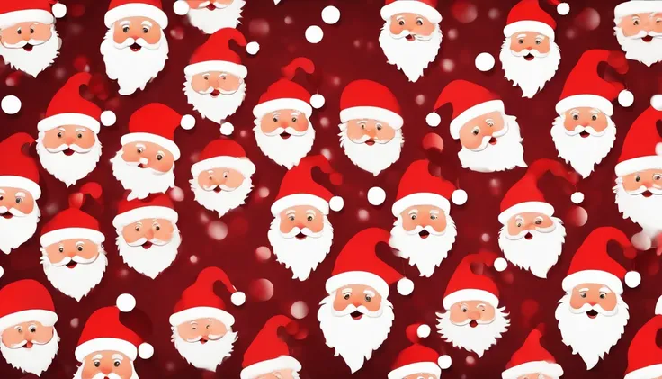 A deep red background filled with a pattern of jolly Santa Claus faces, each with a different expression, creating a playful and festive backdrop.