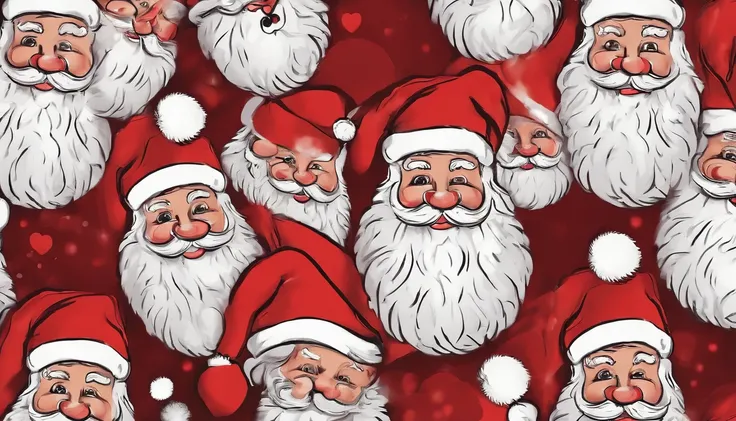 A deep red background filled with a pattern of jolly Santa Claus faces, each with a different expression, creating a playful and festive backdrop.