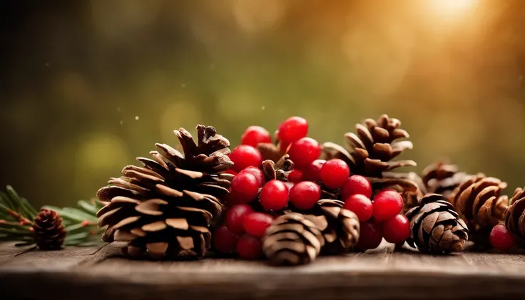 A rustic and cozy background featuring a wooden plank texture in deep brown, accented with pinecones, holly, and red berries.