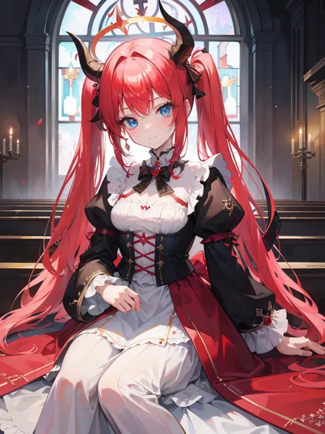 {{best quality}}, {{masterpiece}}, {{ultra-detailed}}, {illustration}, {detailed light}, red hair, blue eyes, twintails, crown,halo,jewelry eyes, jewel like eye,sitting on,church,fantasy, lolita fashion, closed mouth,mesugaki smile, dragon horns, loli，Floa...