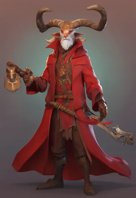 Cartoon image of a male character wearing a red robe and holding a scythe, holding a goat head staff, fit male demon with white horns, demon noble character design, Teflin Warlock, Epic Mage Boy character, official character illustration, character art of ...