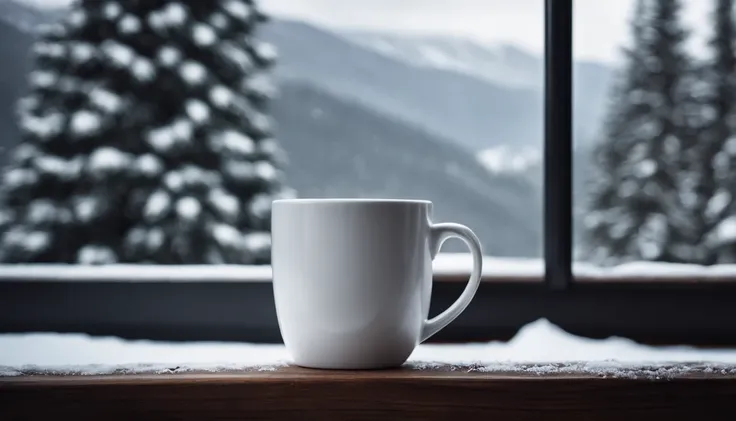 A blank white coffee mug mockup on a frost-covered window sill, with a view of snow-covered trees and mountains in the background.