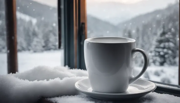 A blank white coffee mug mockup on a frost-covered window sill, with a view of snow-covered trees and mountains in the background.