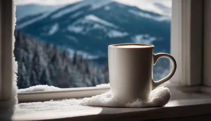 A blank white coffee mug mockup on a frost-covered window sill, with a view of snow-covered trees and mountains in the background.